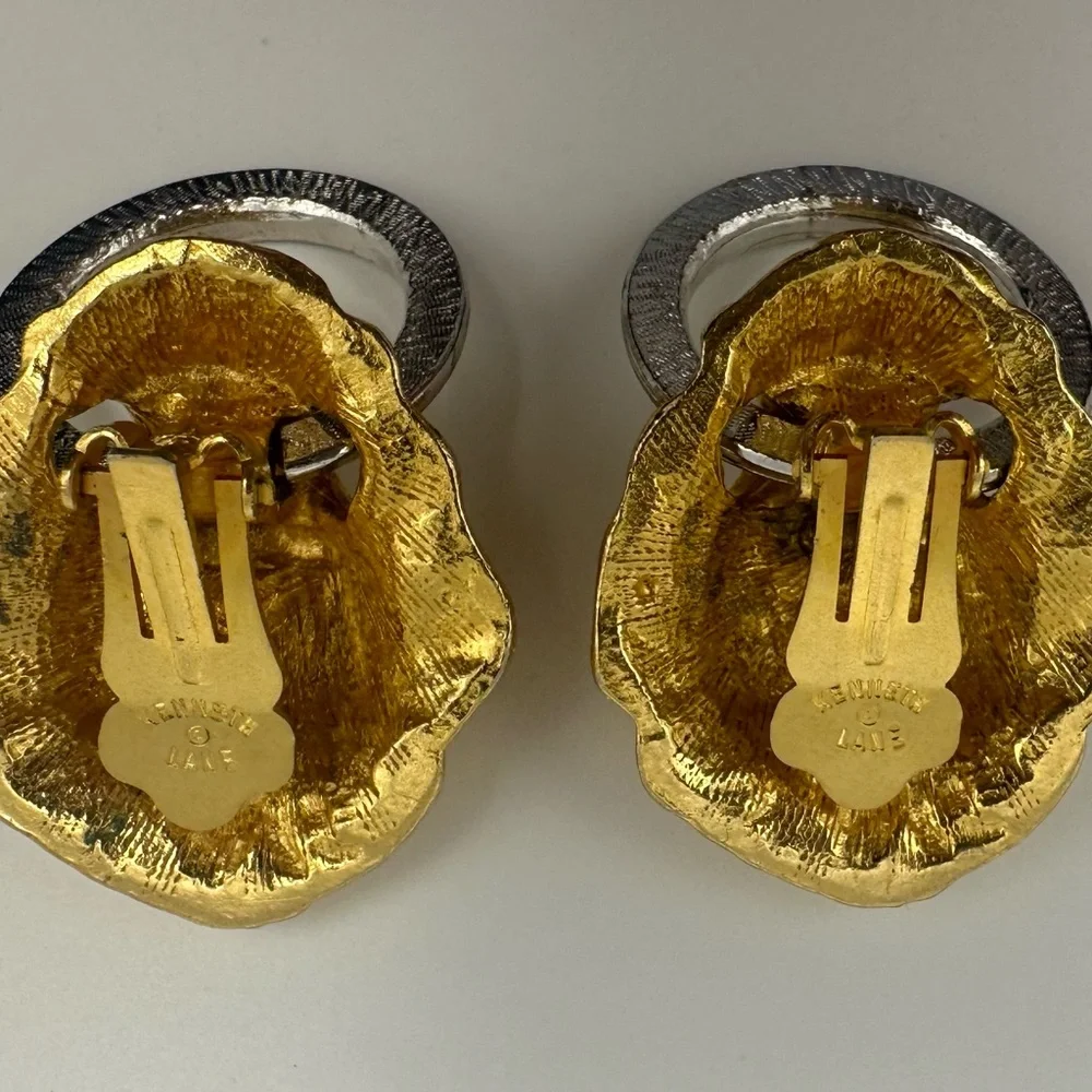Vtg KJL Kenneth J Lane Lion Leo Door Knocker Clip Earrings Rhinestones Gold Tone - Picture 7 of 11